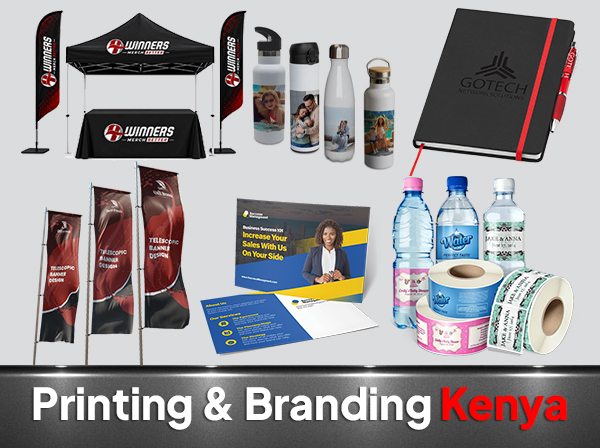 VS Kenya Designs team running a large-format banner printer at their Nairobi workshop